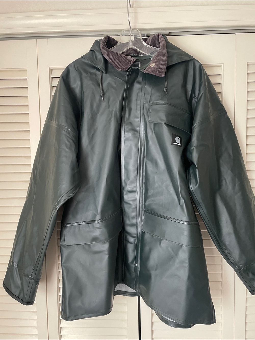 Carhartt Men’s Surrey Waterproof PVC Raincoat Sz S Dark green Removable hood